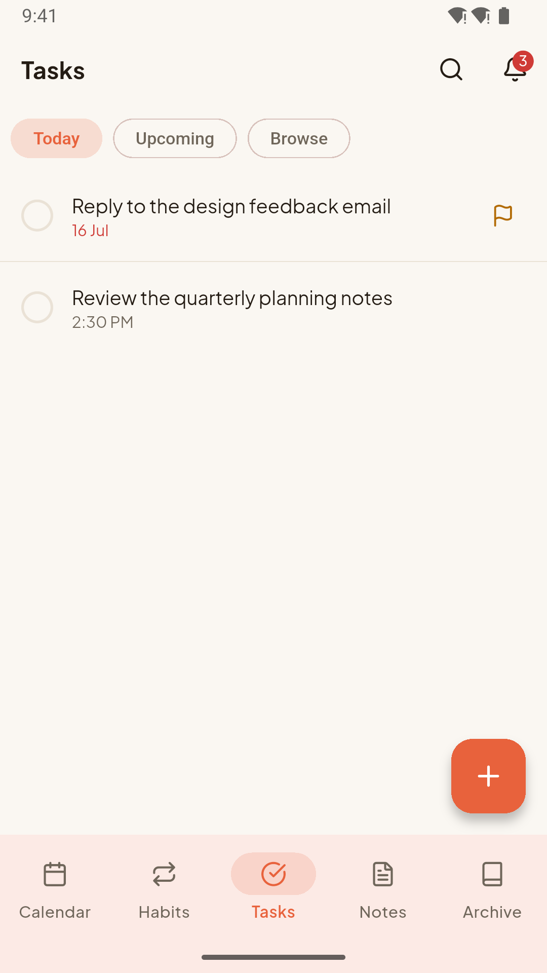 Taskss Tasks screen showing Today, Upcoming, Browse and the five CHANT destinations